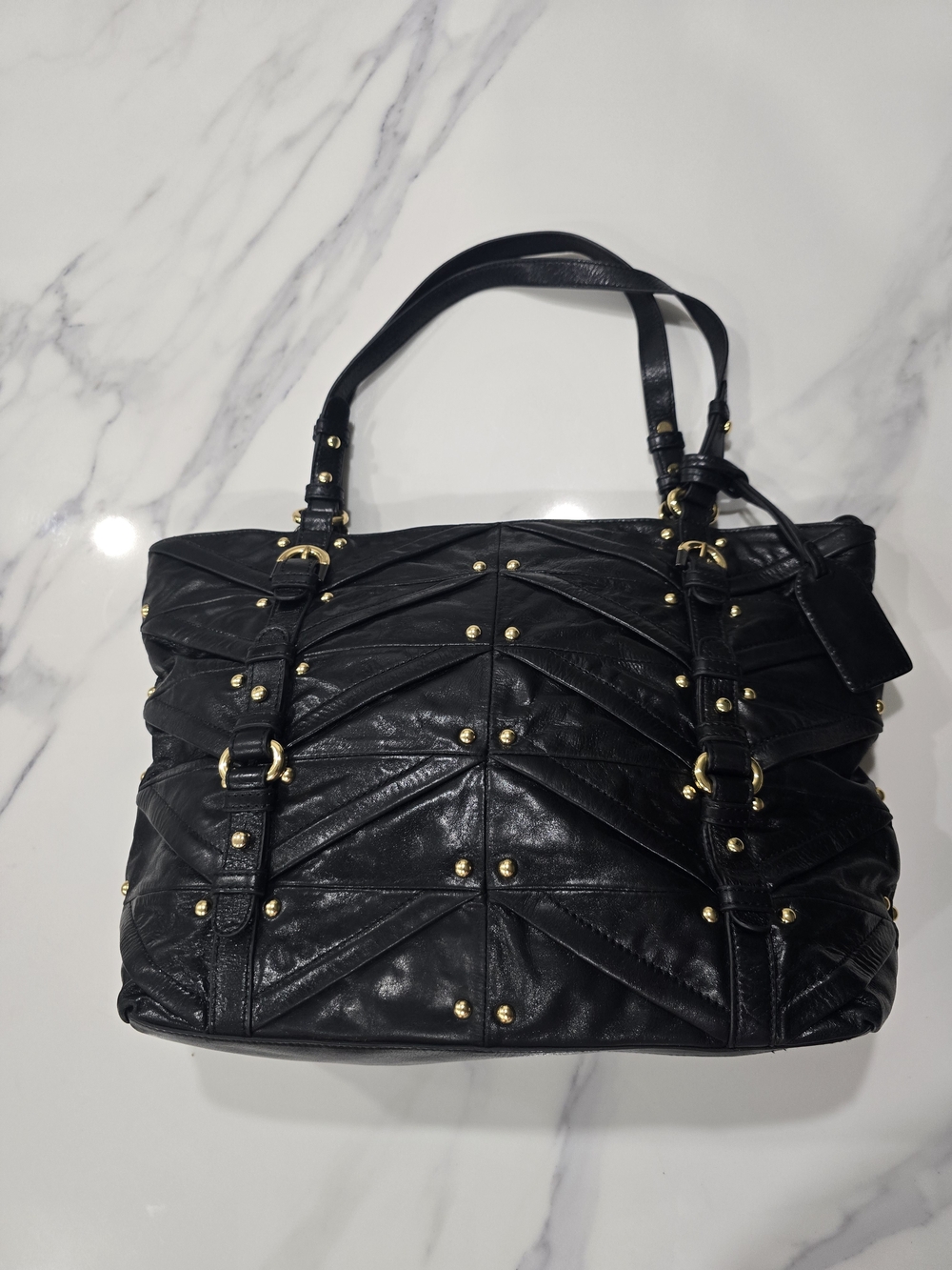 Badgley Mischka Black Quilted Chevron Shoulder Bag with Gold Hardware